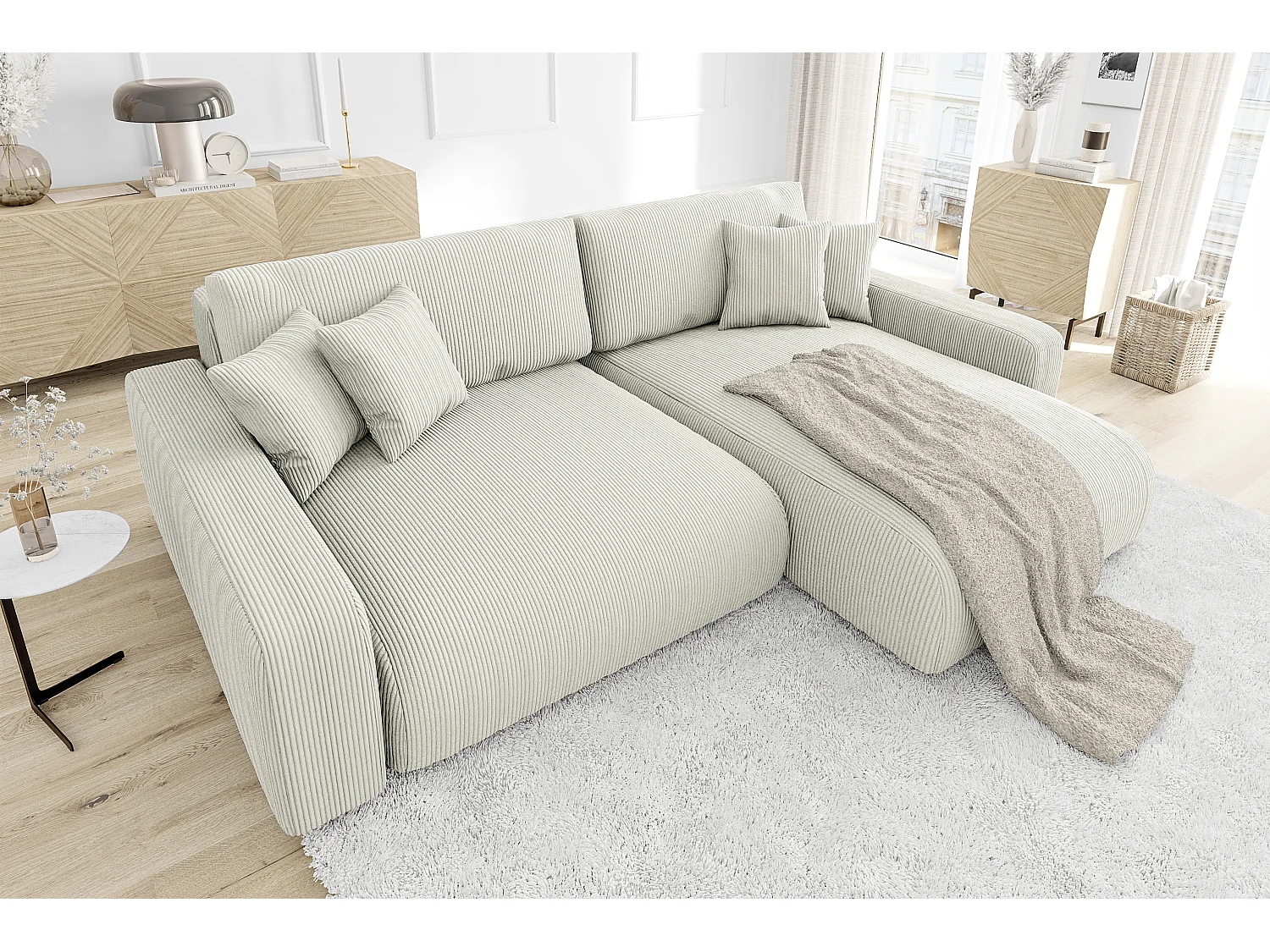 Emma-  Ecksofa mit Bettfunktion und Bettkasten in Cord-Stoff schöner Sitzkomfort