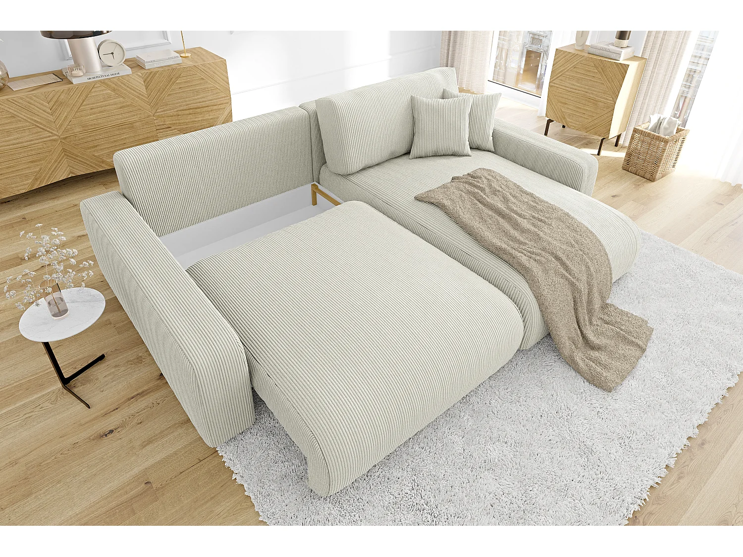 Emma-  Ecksofa mit Bettfunktion und Bettkasten in Cord-Stoff schöner Sitzkomfort