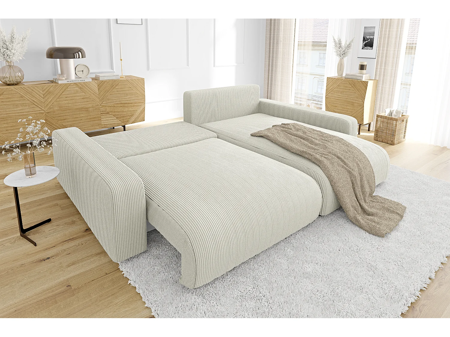 Emma-  Ecksofa mit Bettfunktion und Bettkasten in Cord-Stoff schöner Sitzkomfort