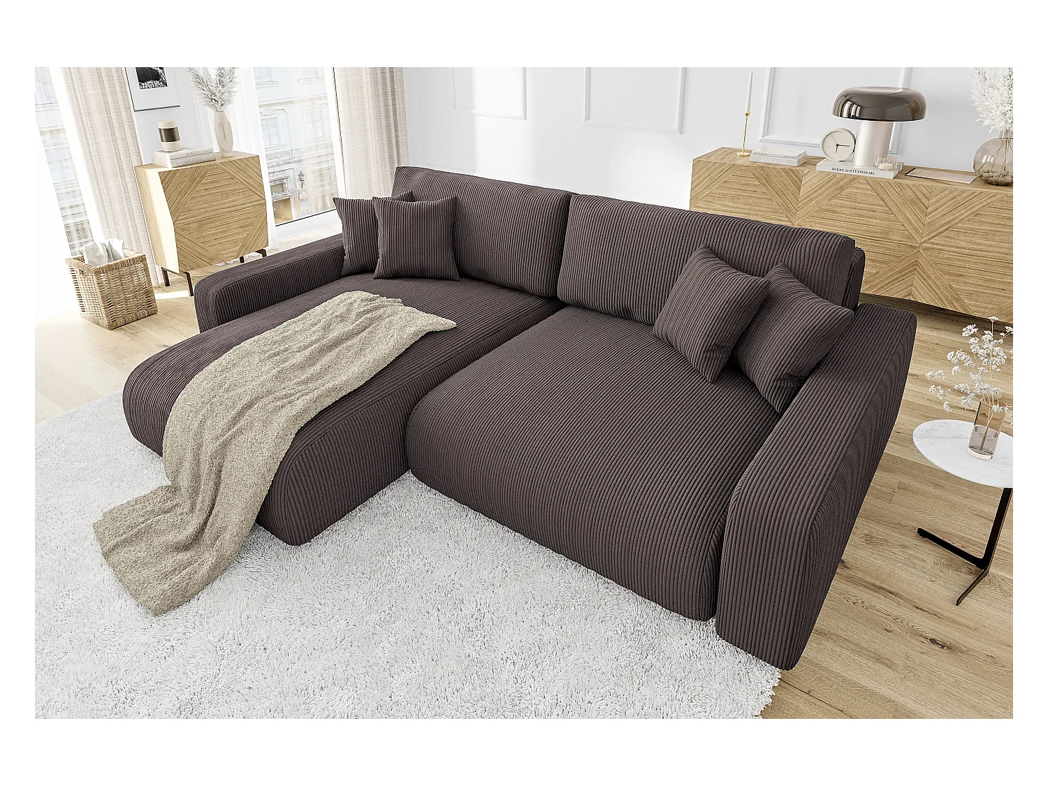 Emma-  Ecksofa mit Bettfunktion und Bettkasten in Cord-Stoff schöner Sitzkomfort