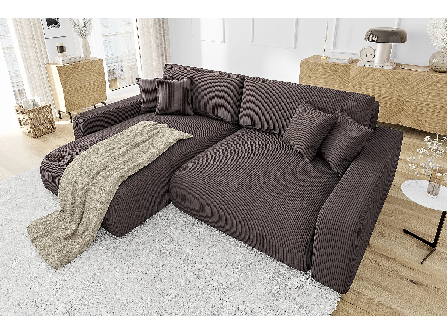 Emma-  Ecksofa mit Bettfunktion und Bettkasten in Cord-Stoff schöner Sitzkomfort