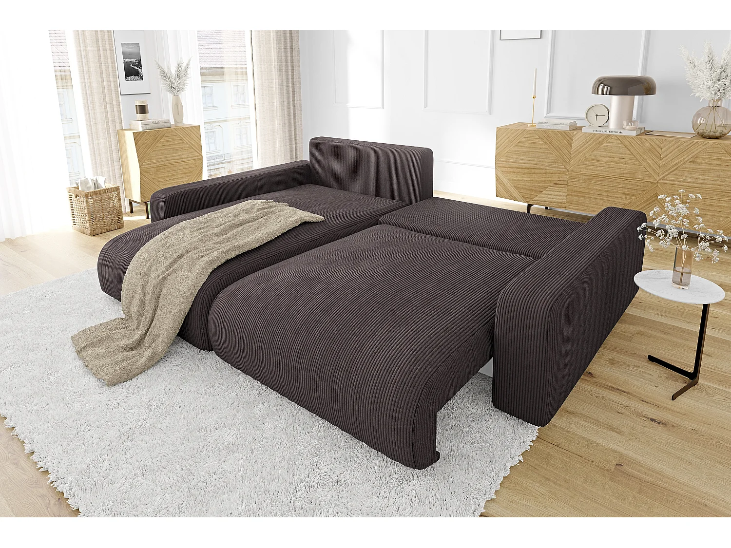 Emma-  Ecksofa mit Bettfunktion und Bettkasten in Cord-Stoff schöner Sitzkomfort