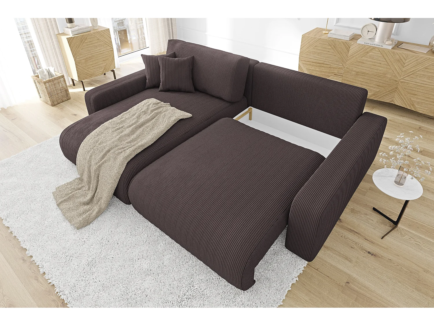 Emma-  Ecksofa mit Bettfunktion und Bettkasten in Cord-Stoff schöner Sitzkomfort