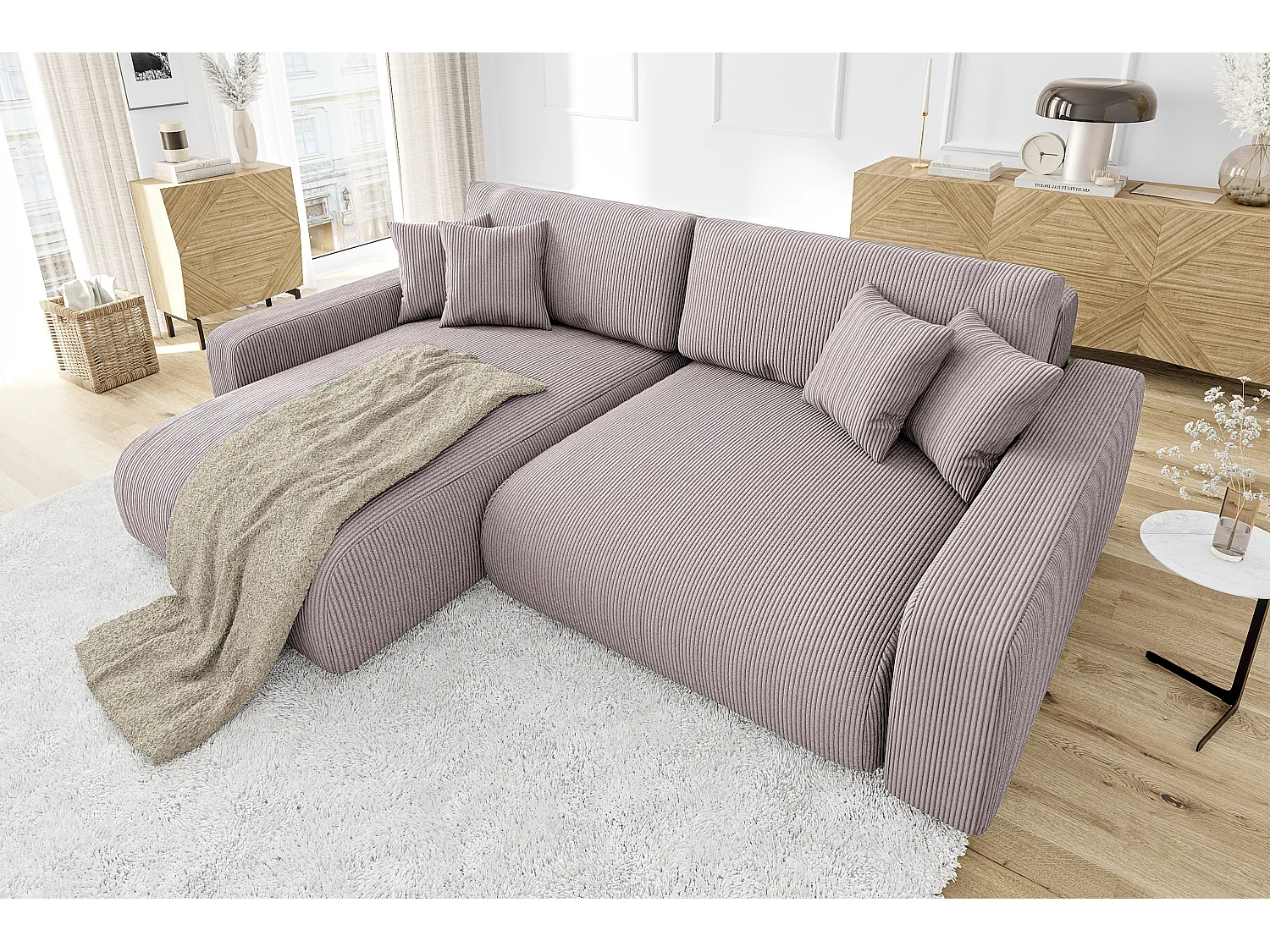 Emma-  Ecksofa mit Bettfunktion und Bettkasten in Cord-Stoff schöner Sitzkomfort