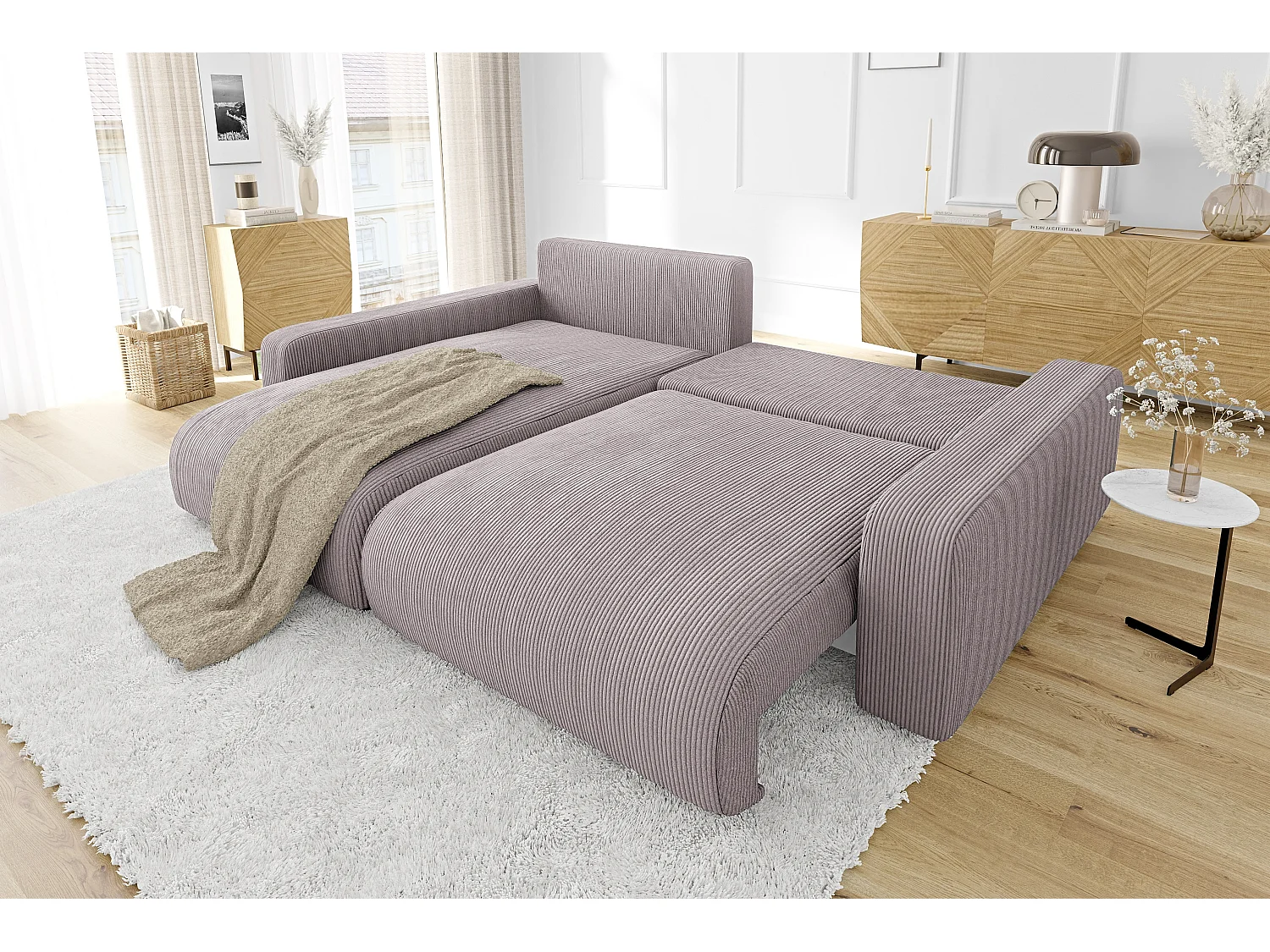 Emma-  Ecksofa mit Bettfunktion und Bettkasten in Cord-Stoff schöner Sitzkomfort