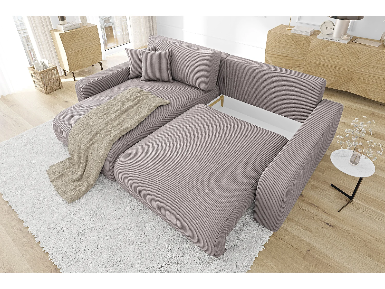 Emma-  Ecksofa mit Bettfunktion und Bettkasten in Cord-Stoff schöner Sitzkomfort