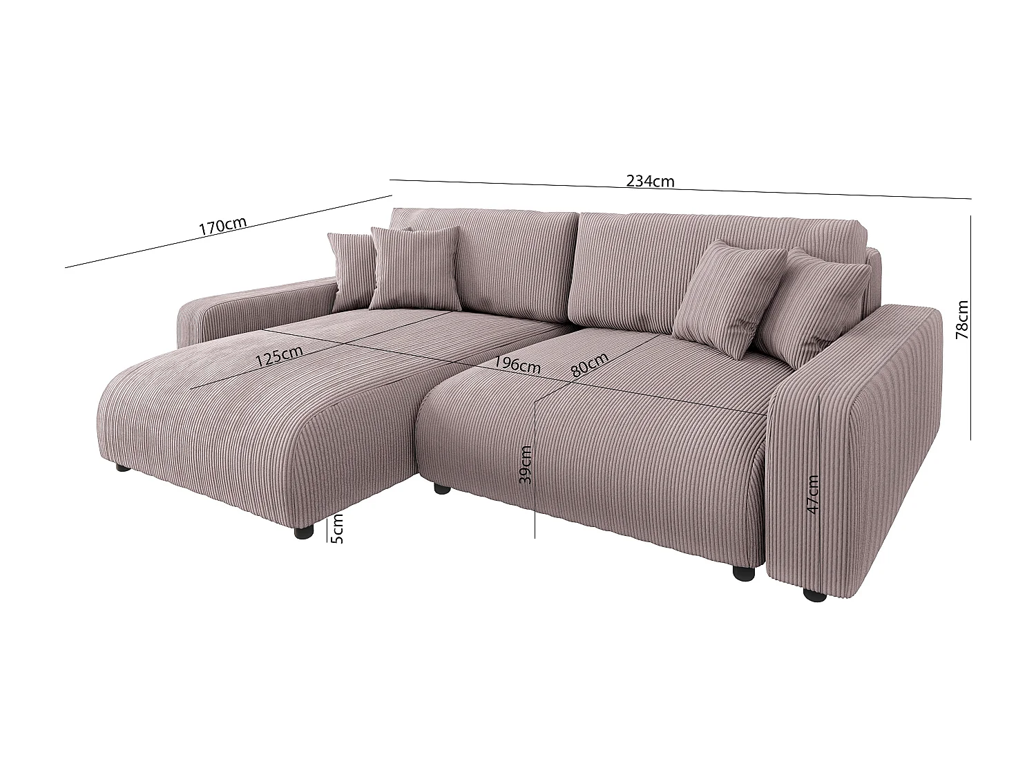 Emma-  Ecksofa mit Bettfunktion und Bettkasten in Cord-Stoff schöner Sitzkomfort