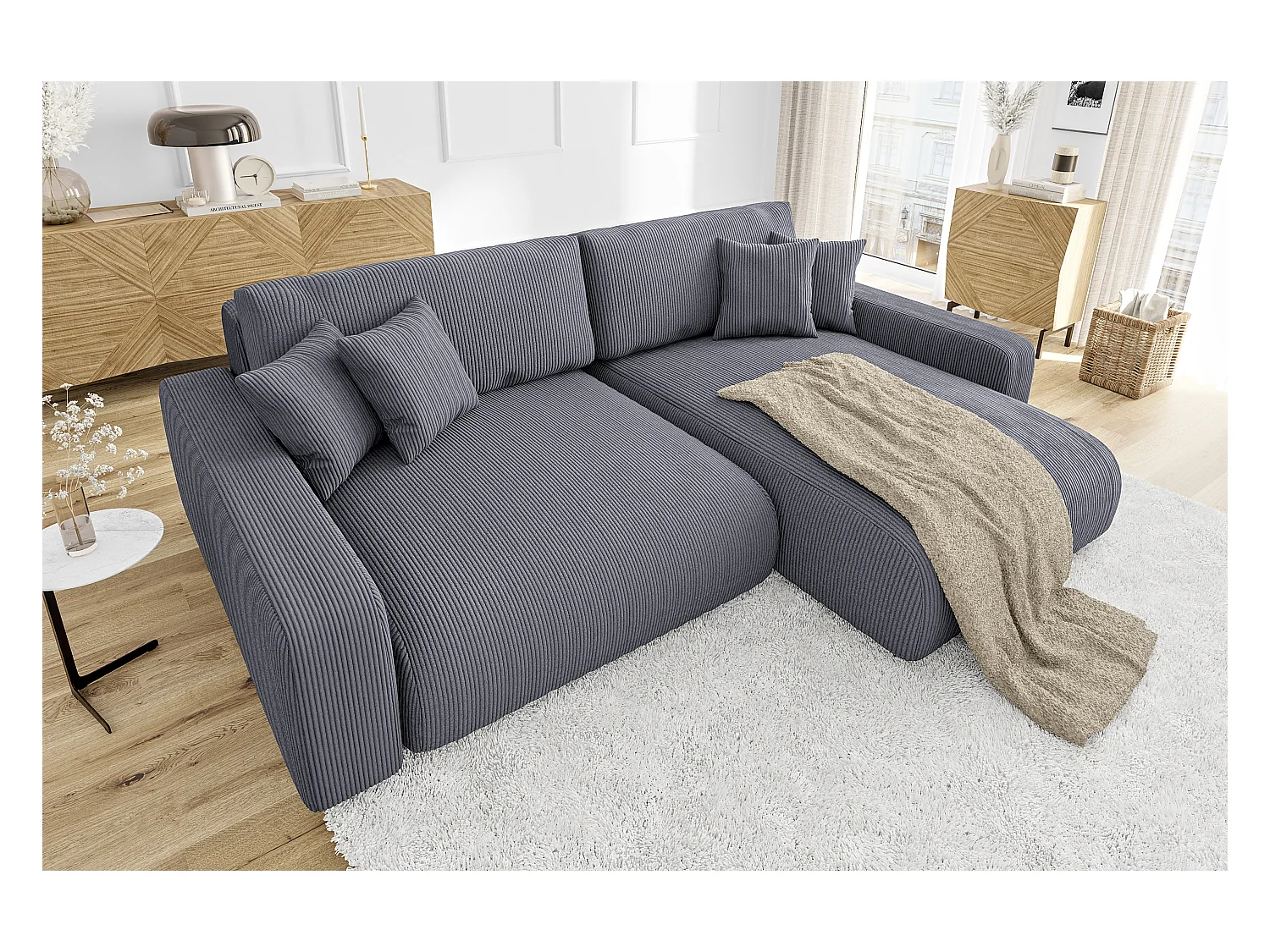 Emma-  Ecksofa mit Bettfunktion und Bettkasten in Cord-Stoff schöner Sitzkomfort