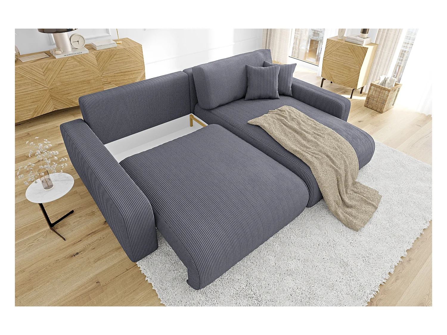 Emma-  Ecksofa mit Bettfunktion und Bettkasten in Cord-Stoff schöner Sitzkomfort