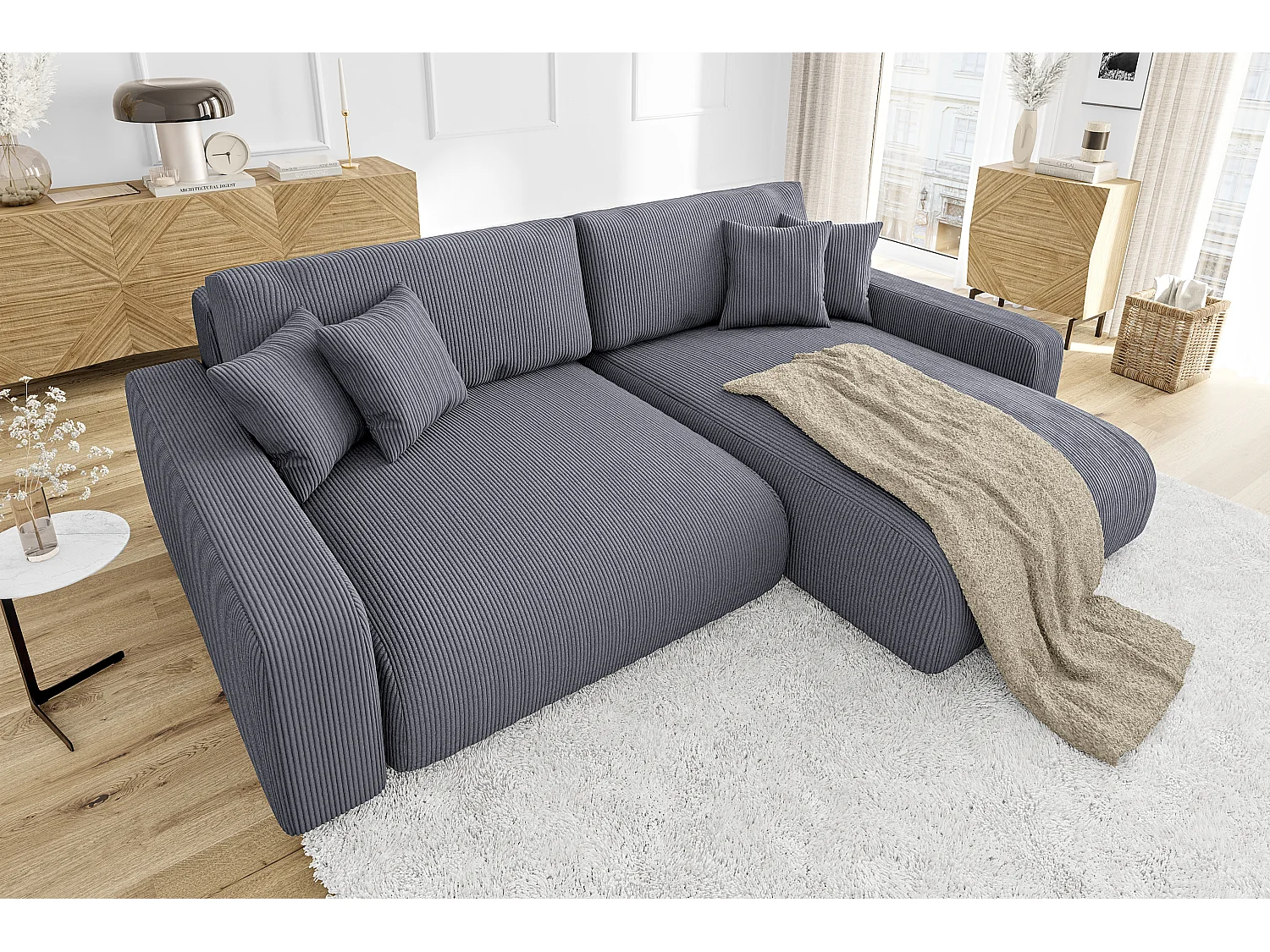 Emma-  Ecksofa mit Bettfunktion und Bettkasten in Cord-Stoff schöner Sitzkomfort