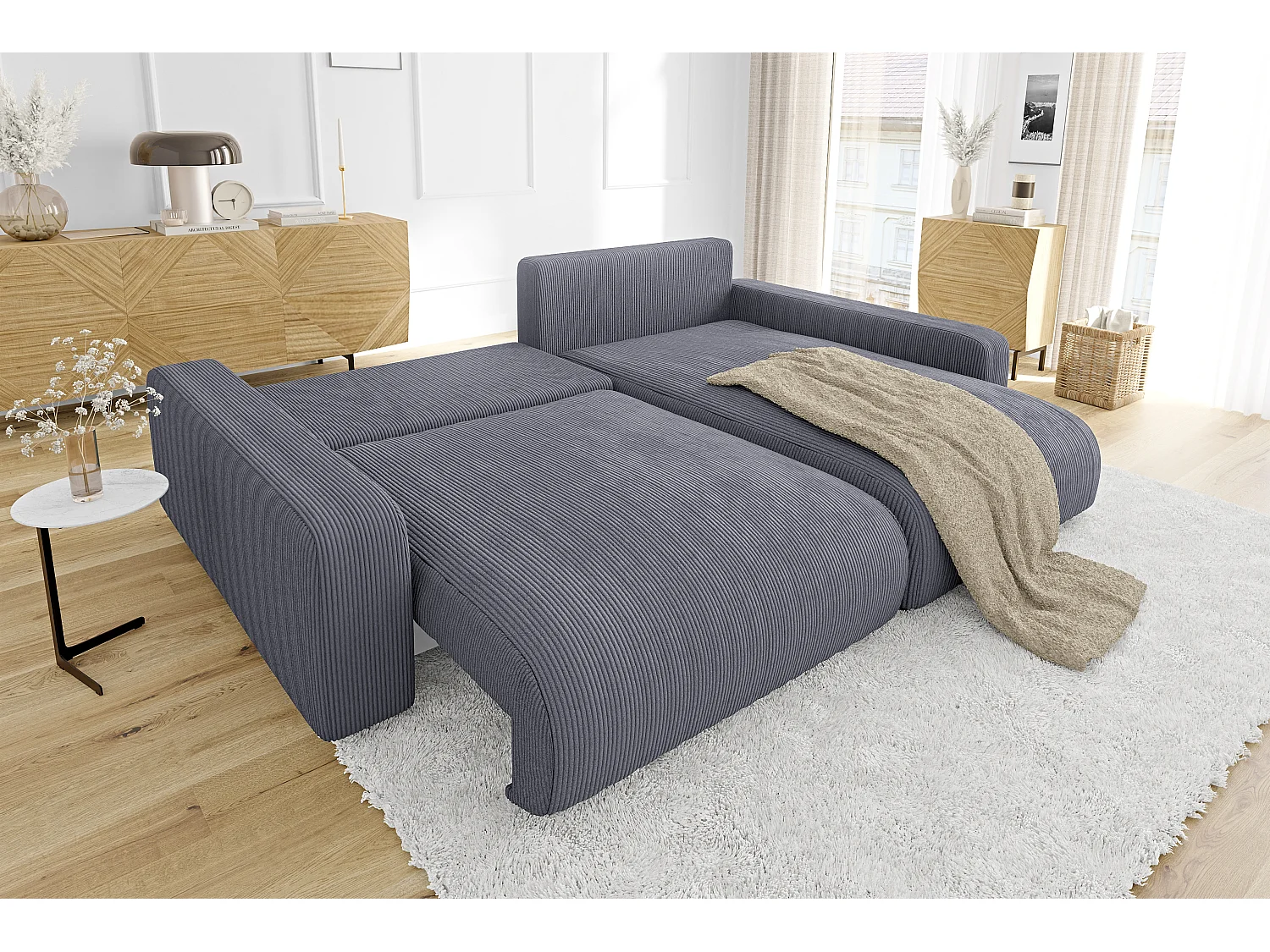 Emma-  Ecksofa mit Bettfunktion und Bettkasten in Cord-Stoff schöner Sitzkomfort