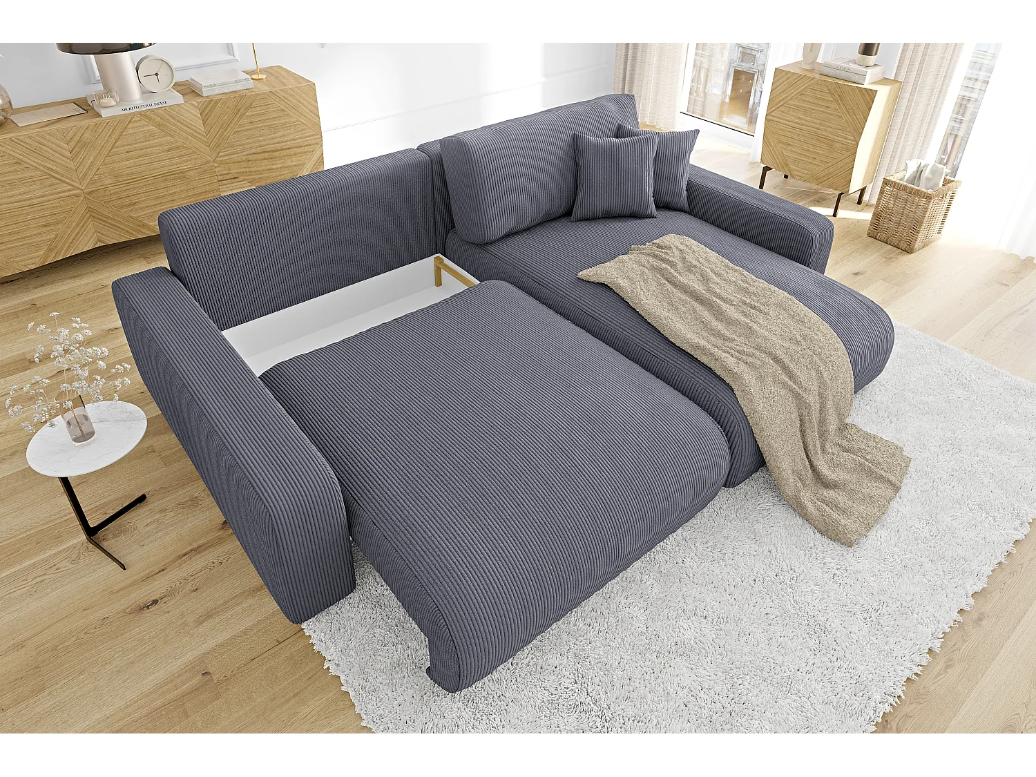 Emma-  Ecksofa mit Bettfunktion und Bettkasten in Cord-Stoff schöner Sitzkomfort