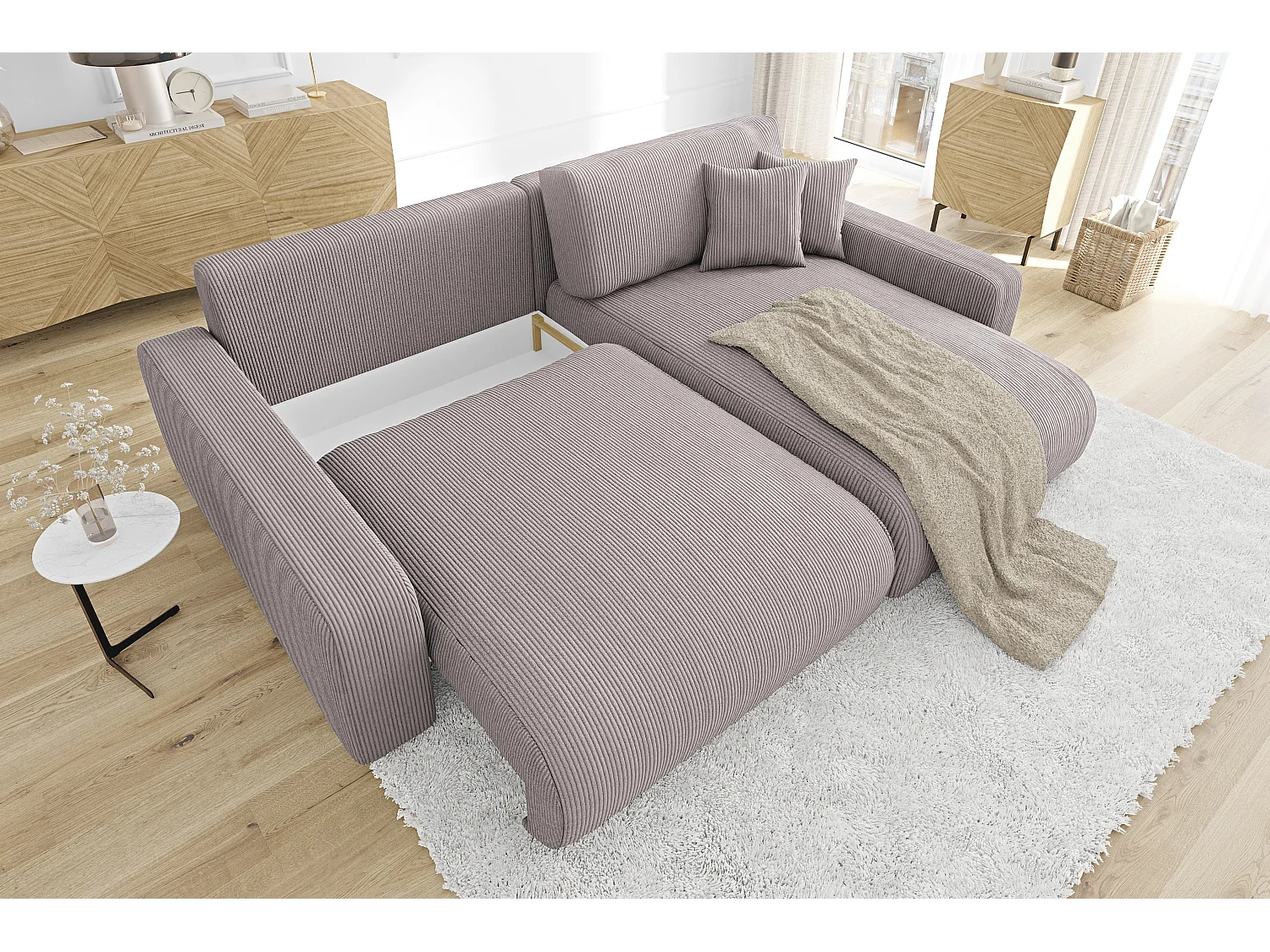 Emma-  Ecksofa mit Bettfunktion und Bettkasten in Cord-Stoff schöner Sitzkomfort