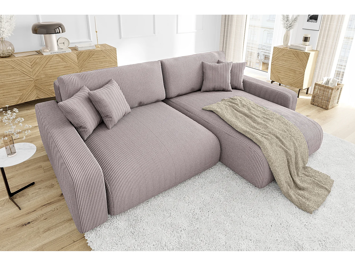 Emma-  Ecksofa mit Bettfunktion und Bettkasten in Cord-Stoff schöner Sitzkomfort