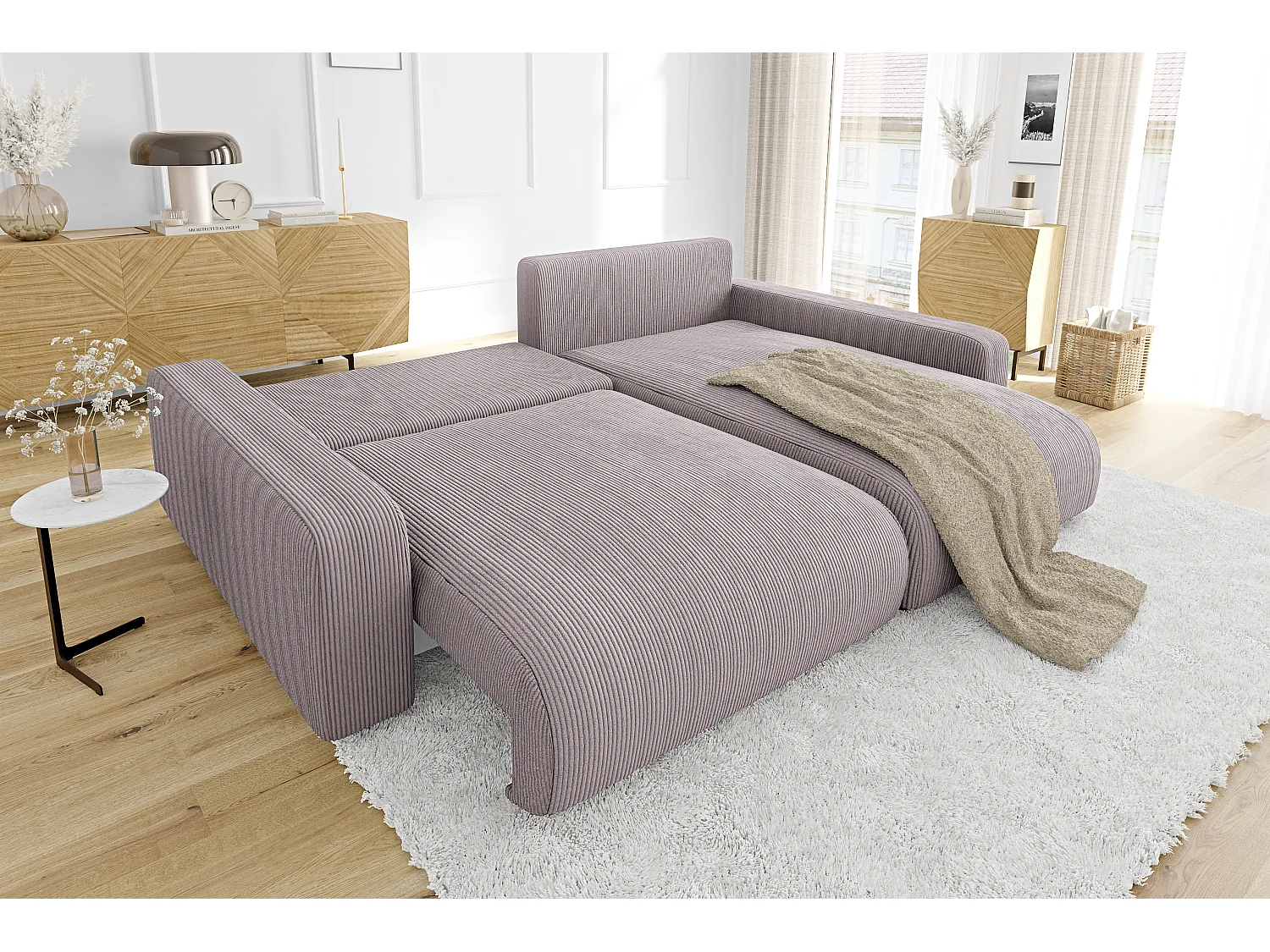 Emma-  Ecksofa mit Bettfunktion und Bettkasten in Cord-Stoff schöner Sitzkomfort