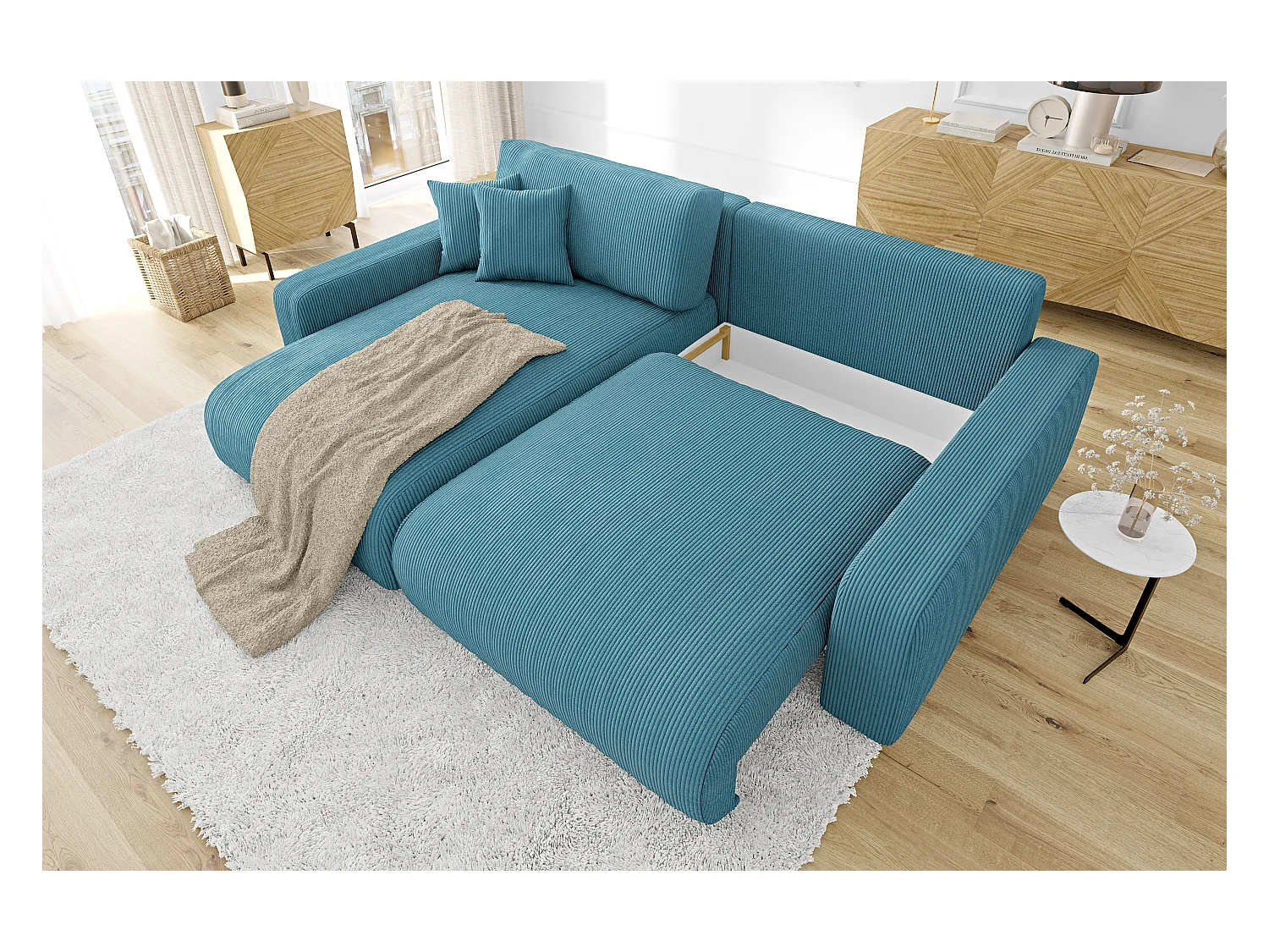 Emma-  Ecksofa mit Bettfunktion und Bettkasten in Cord-Stoff schöner Sitzkomfort