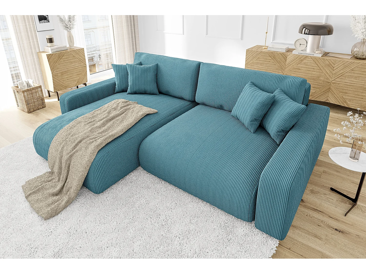 Emma-  Ecksofa mit Bettfunktion und Bettkasten in Cord-Stoff schöner Sitzkomfort