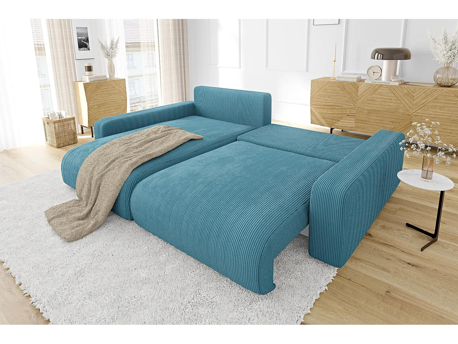 Emma-  Ecksofa mit Bettfunktion und Bettkasten in Cord-Stoff schöner Sitzkomfort