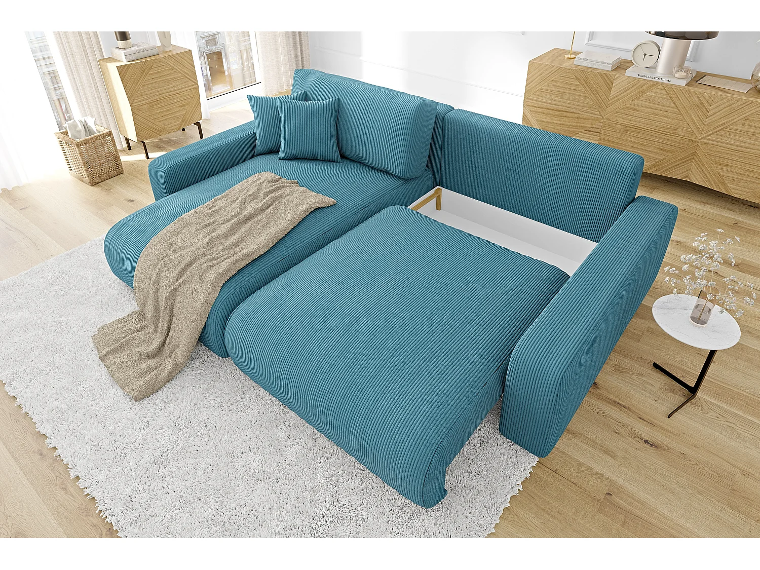 Emma-  Ecksofa mit Bettfunktion und Bettkasten in Cord-Stoff schöner Sitzkomfort