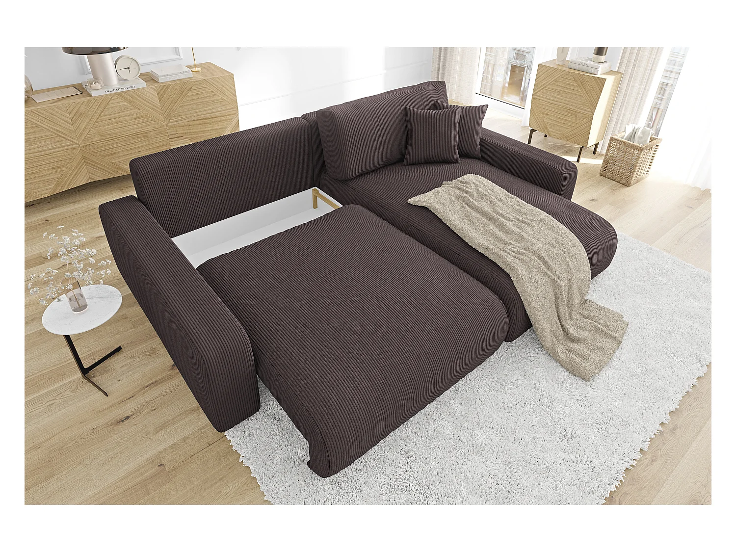 Emma-  Ecksofa mit Bettfunktion und Bettkasten in Cord-Stoff schöner Sitzkomfort