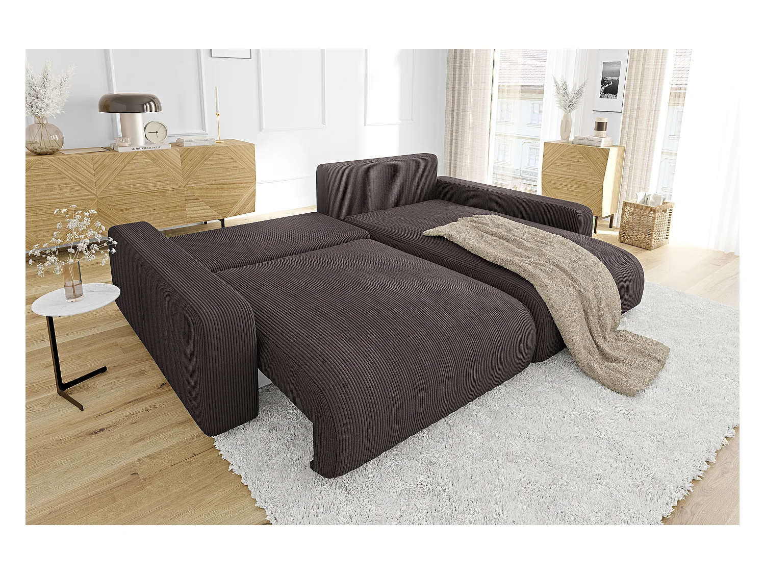 Emma-  Ecksofa mit Bettfunktion und Bettkasten in Cord-Stoff schöner Sitzkomfort