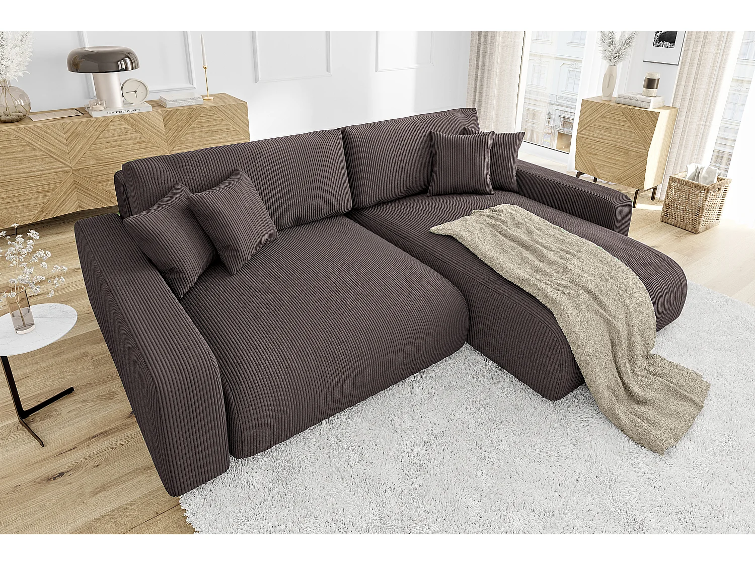 Emma-  Ecksofa mit Bettfunktion und Bettkasten in Cord-Stoff schöner Sitzkomfort