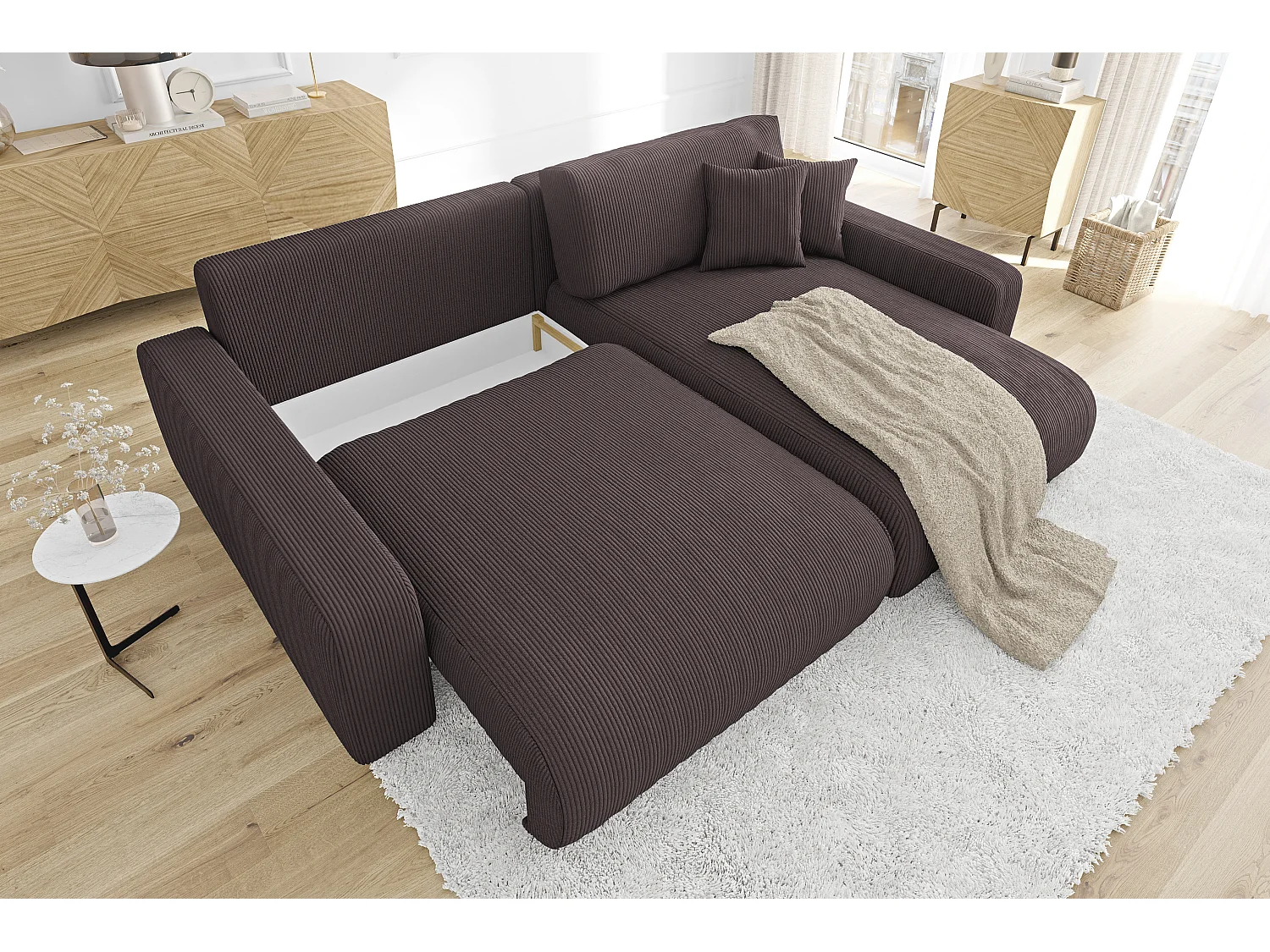 Emma-  Ecksofa mit Bettfunktion und Bettkasten in Cord-Stoff schöner Sitzkomfort