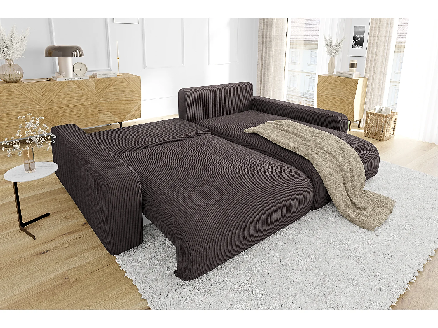 Emma-  Ecksofa mit Bettfunktion und Bettkasten in Cord-Stoff schöner Sitzkomfort