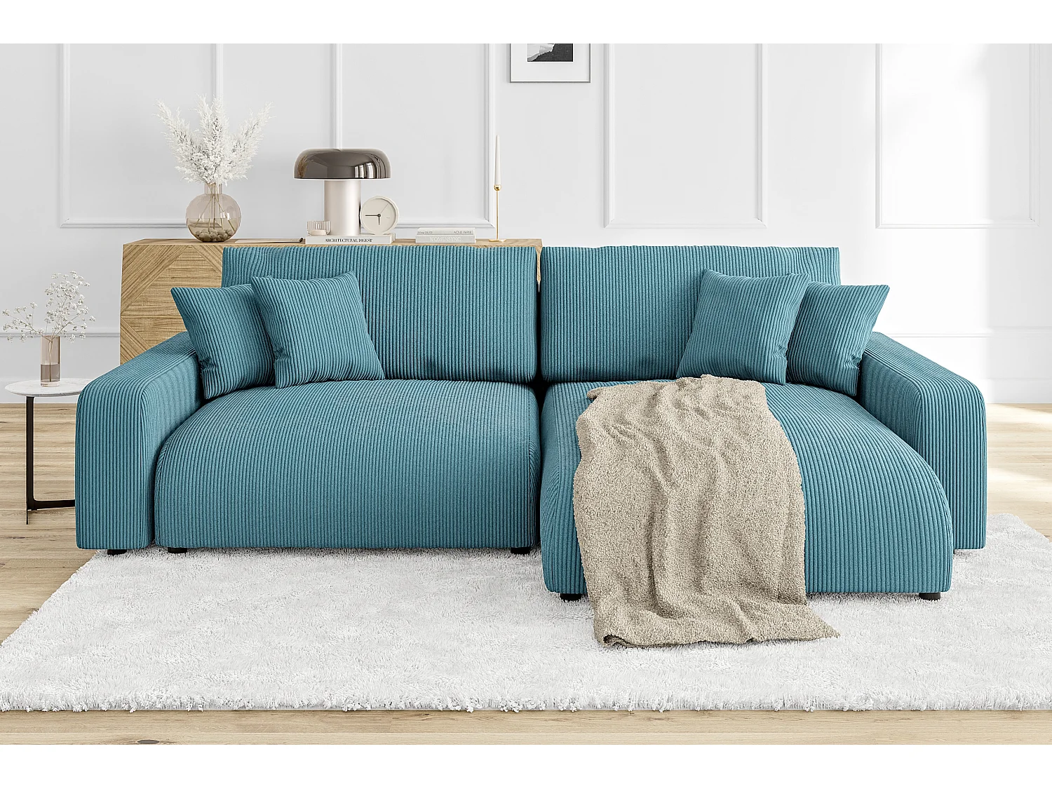 Emma-  Ecksofa mit Bettfunktion und Bettkasten in Cord-Stoff schöner Sitzkomfort