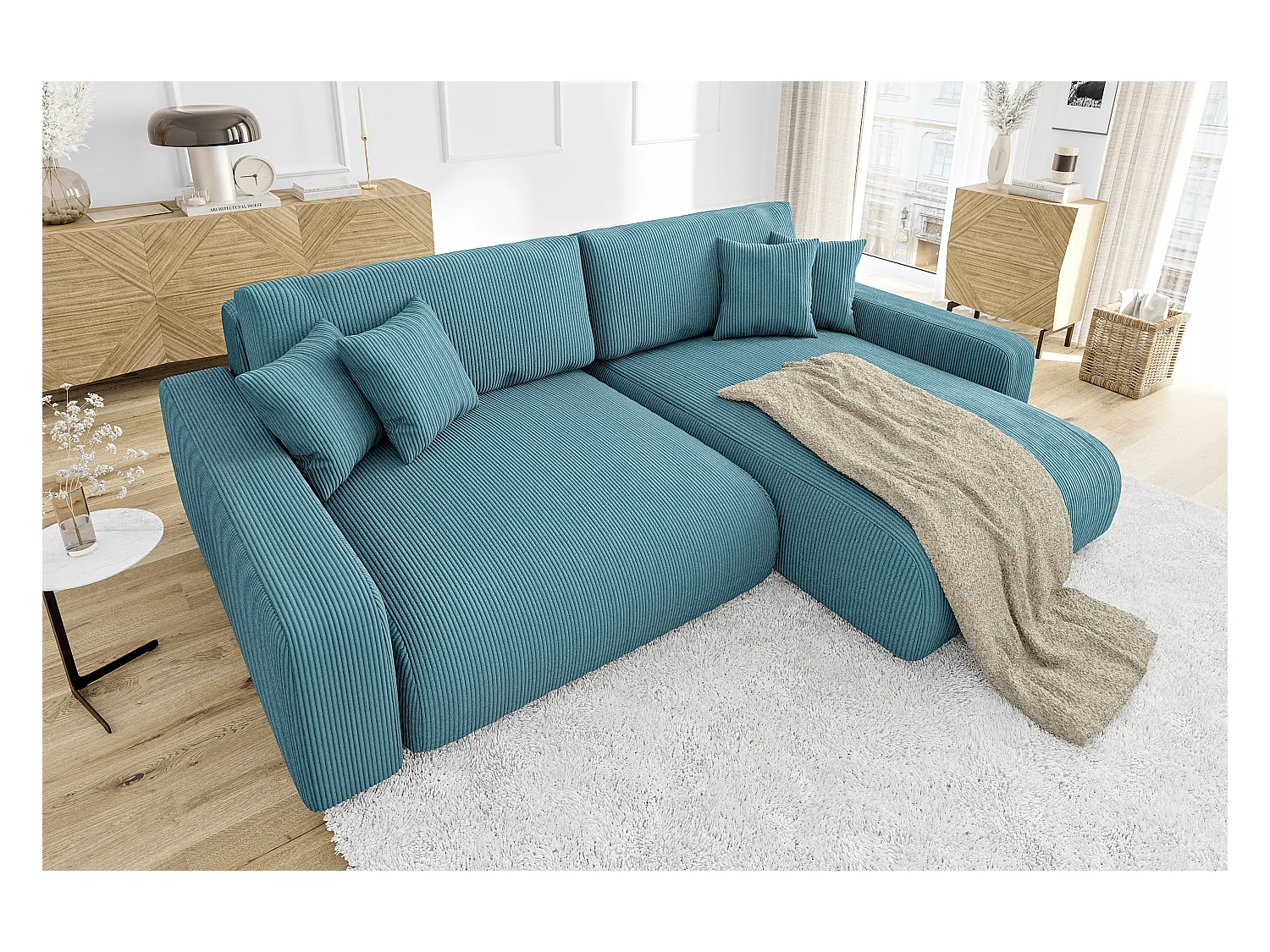 Emma-  Ecksofa mit Bettfunktion und Bettkasten in Cord-Stoff schöner Sitzkomfort