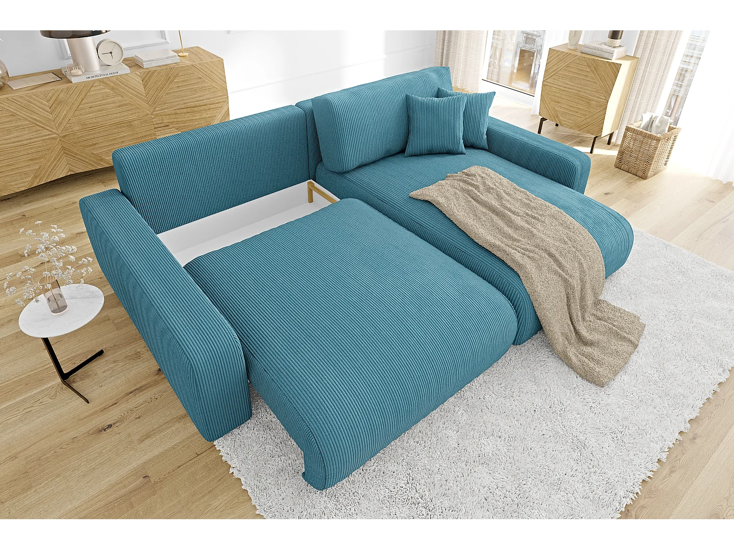 Emma-  Ecksofa mit Bettfunktion und Bettkasten in Cord-Stoff schöner Sitzkomfort