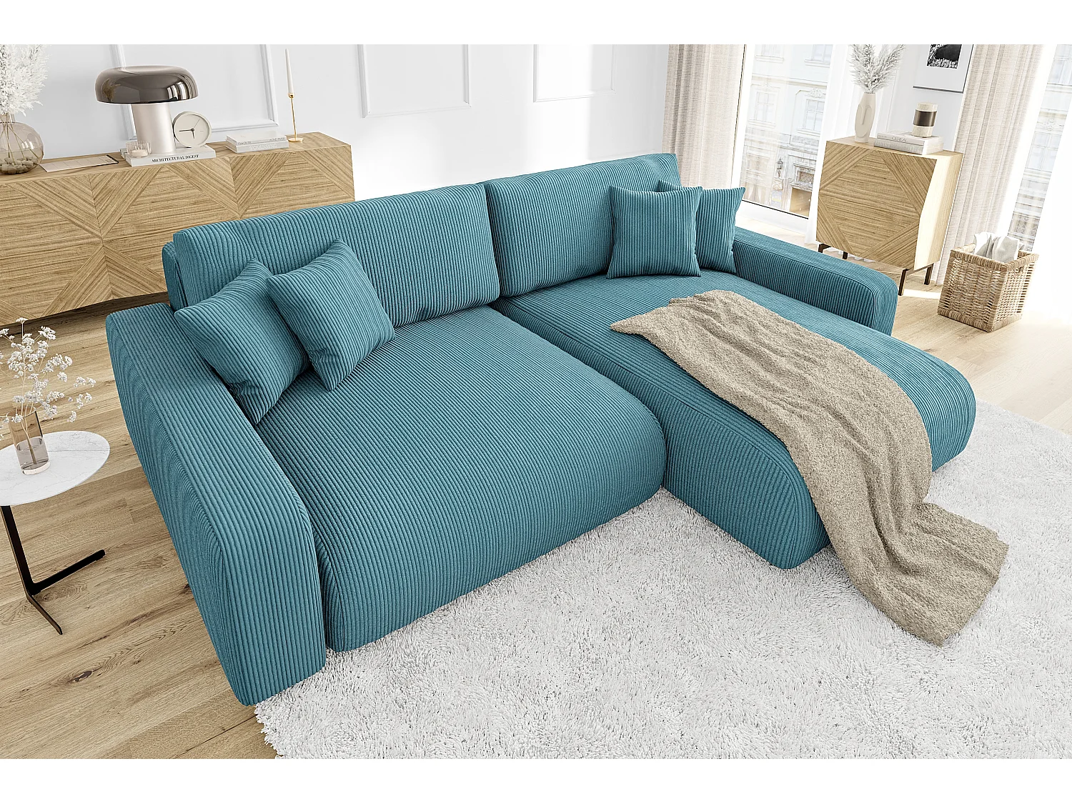 Emma-  Ecksofa mit Bettfunktion und Bettkasten in Cord-Stoff schöner Sitzkomfort