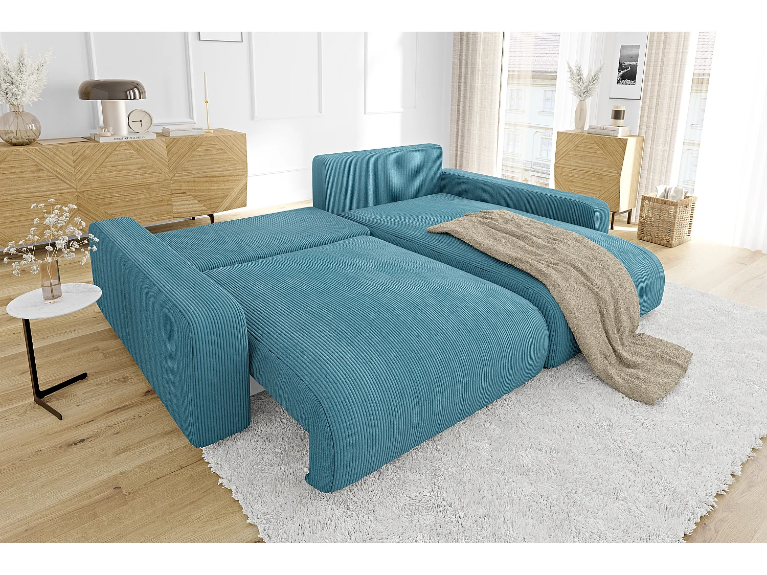 Emma-  Ecksofa mit Bettfunktion und Bettkasten in Cord-Stoff schöner Sitzkomfort