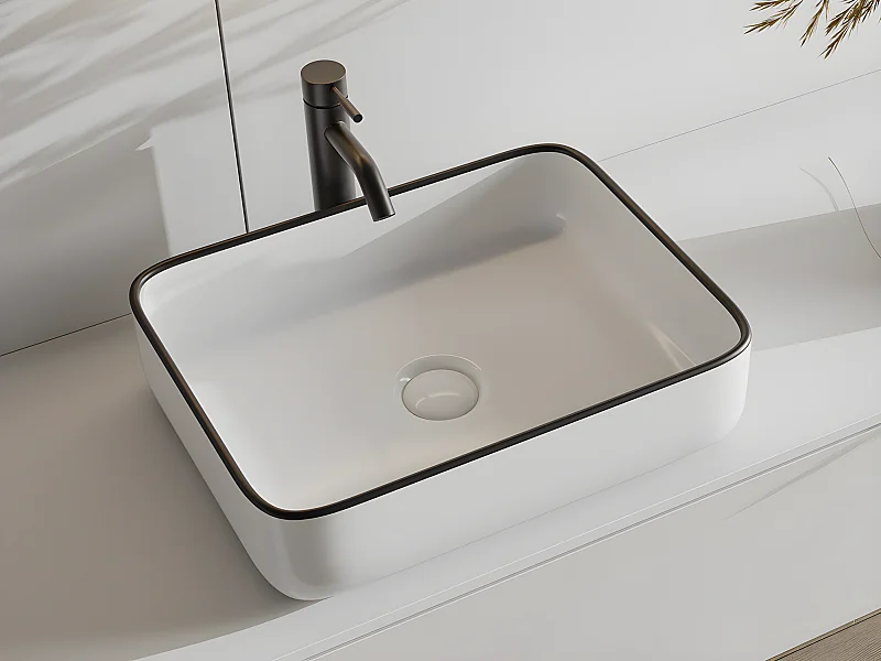 Lavabo da appoggio rettangolo 50 x 39 cm in Ceramica Bianco con profilo Nero - JUNIKO II