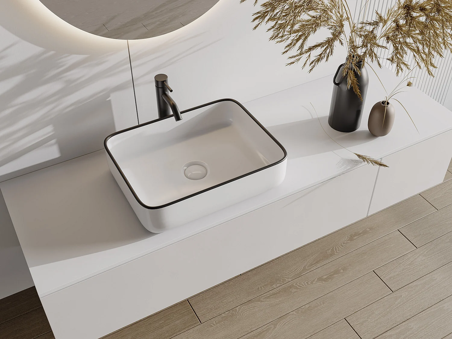 Vasque à poser rectangle en céramique - Blanc avec liseré noir  - 50 x 39 cm - JUNIKO II