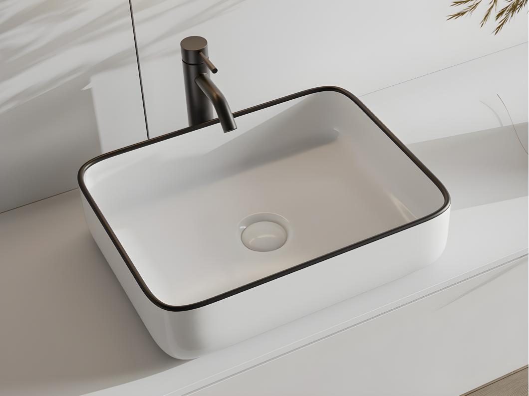 Lavabo rectangular de cerámica - blanco con ribete negro - 50 x 39 cm - JUNIKO II