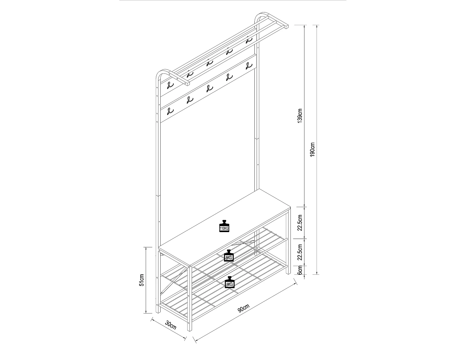 Shoe Shelf Taliro White H. 190 x W. 90 x D. 30 cm