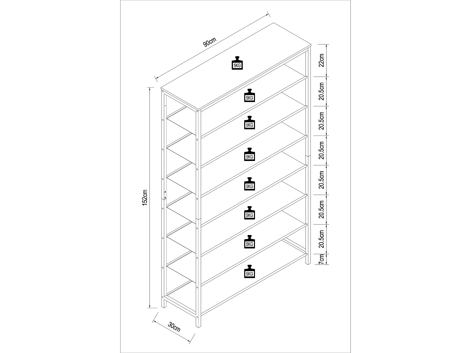 Prateleira de sapatos VCM | Dimensões aprox. A. 152 x L. 90 x P. 30 cm | Sapatos em estilo industrial | Prateleira com 7 compartimentos - Taliro (Branco)