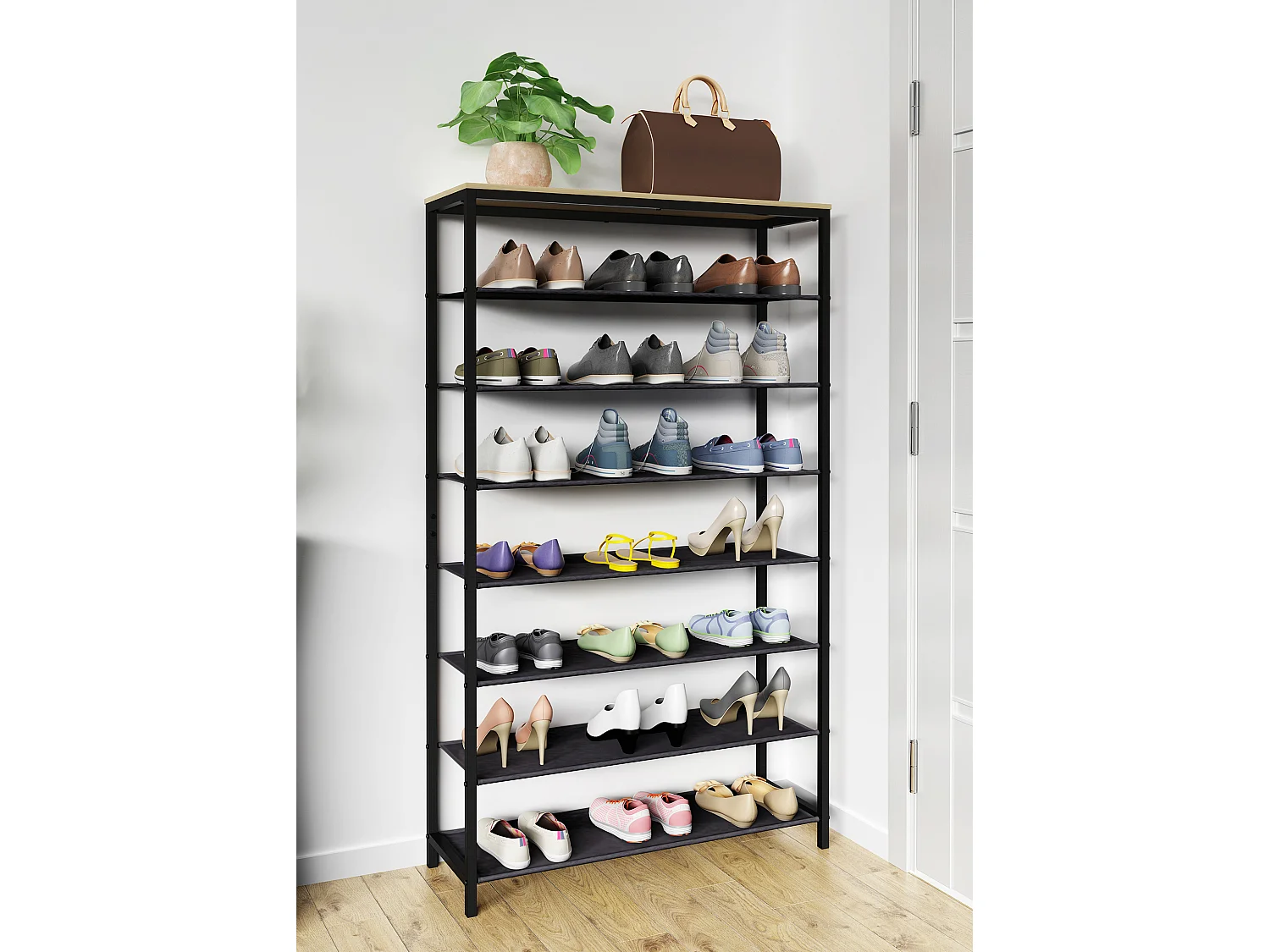 Prateleira de sapatos VCM | Dimensões aprox. A. 152 x L. 90 x P. 30 cm | Sapatos em estilo industrial | Prateleira com 7 compartimentos - Taliro (carvalho mel)