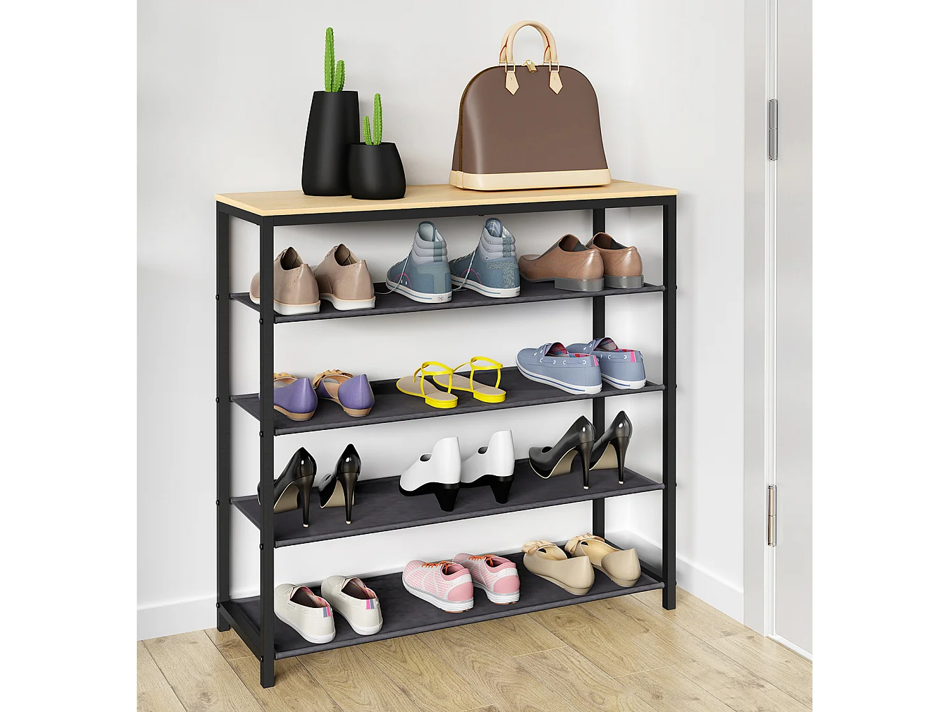 Prateleira de sapatos VCM | Dimensões aprox. A. 87 x L. 90 x P. 30 cm | Sapatos em estilo industrial | Prateleira com 4 compartimentos - Taliro (carvalho mel)