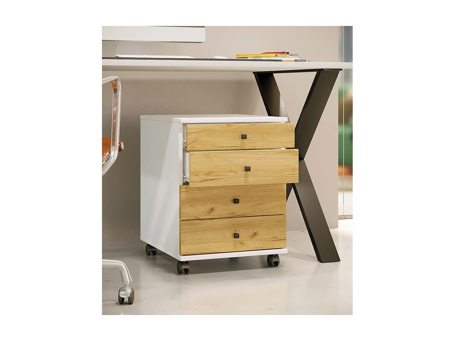 Roll Container Lona White / Honey oak H. 57 x W. 42 x D. 50 cm