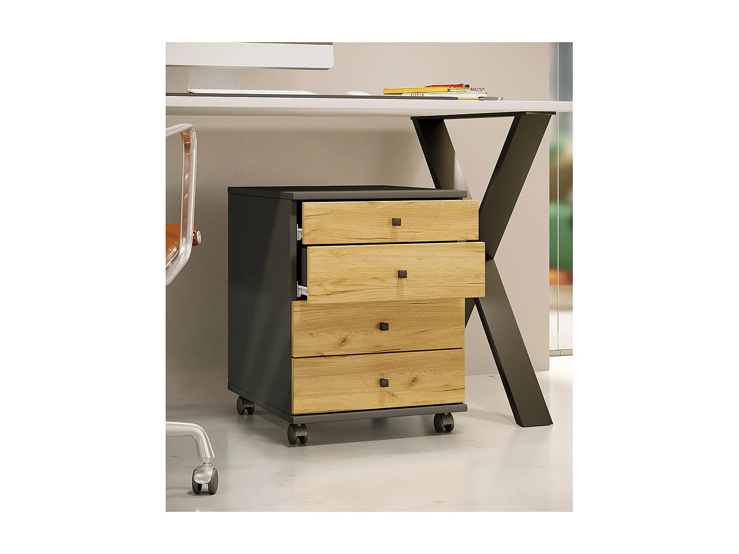 Roll Container Lona Anthracite / honey oak H. 57 x W. 42 x D. 50 cm