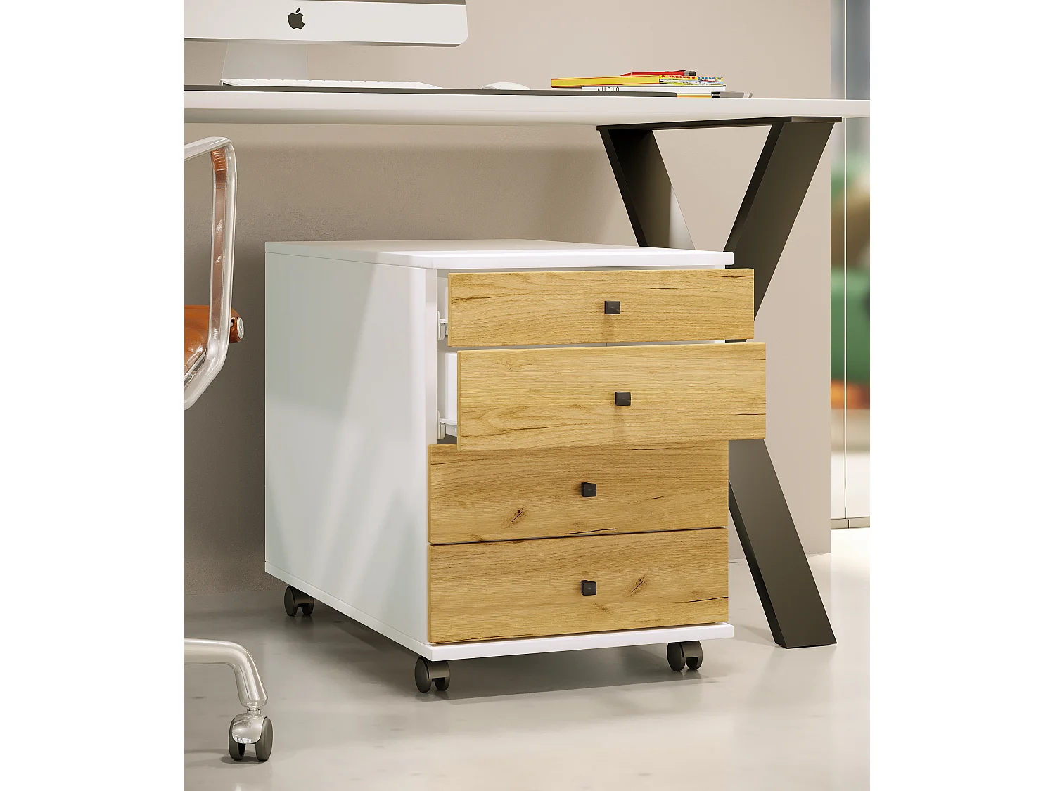 Roll Container Lona White / Honey oak H. 57 x W. 42 x D. 75 cm