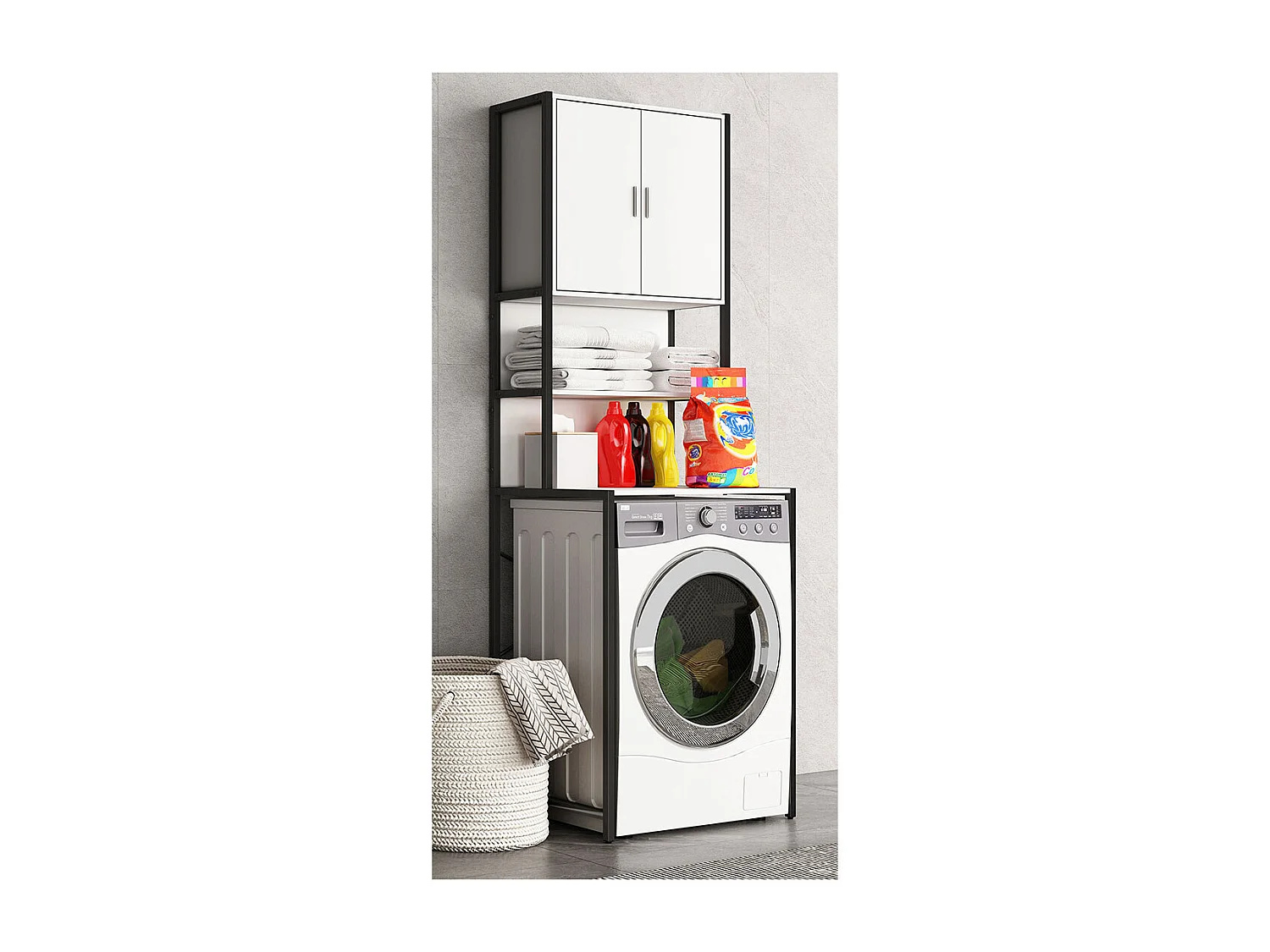 Bathroom furniture washing machine cabinet Edino White H. 189 x W. 64 x D. 48 cm