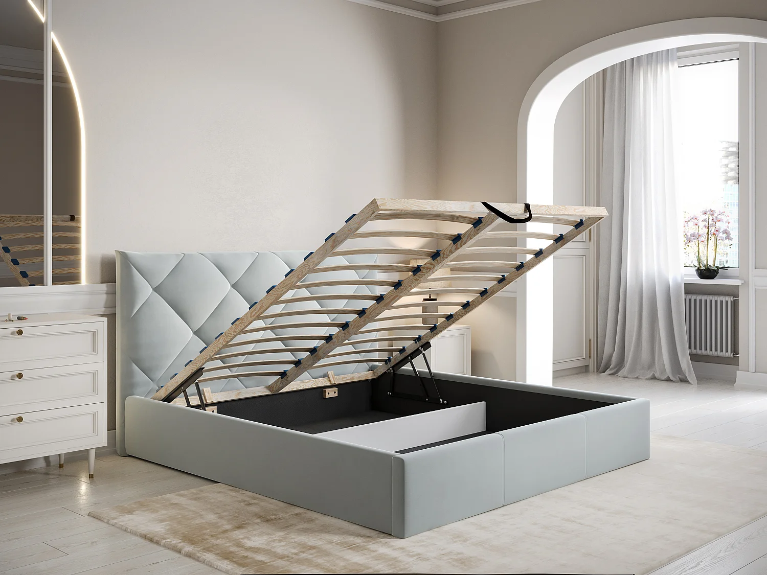 Bed met opbergruimte 160 x 200 cm - Velours - Lichtgrijs + matras - STARI van Pascal Morabito