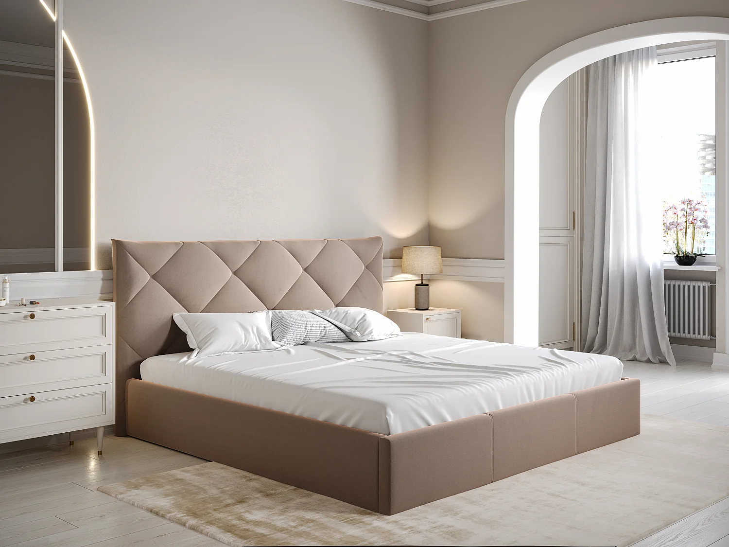 Lit coffre 180 x 200 cm - Velours - Beige + Matelas - STARI de Pascal Morabito