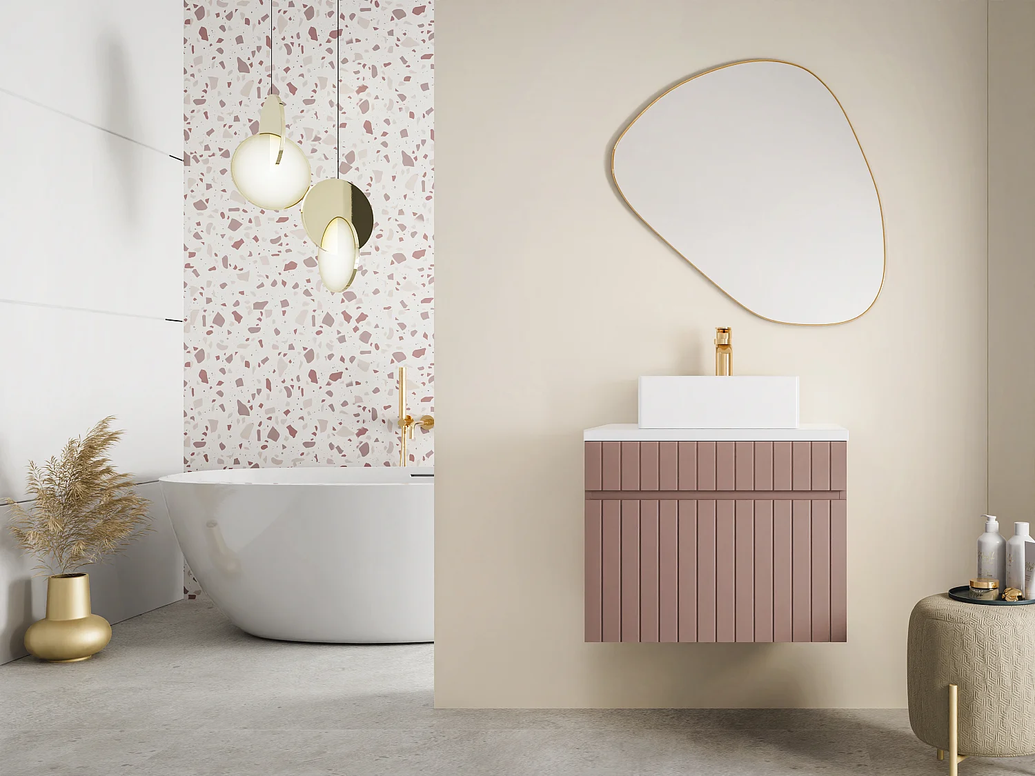 Meuble de salle de bain suspendu strié rose avec vasque à poser - 60 cm  - SATARA