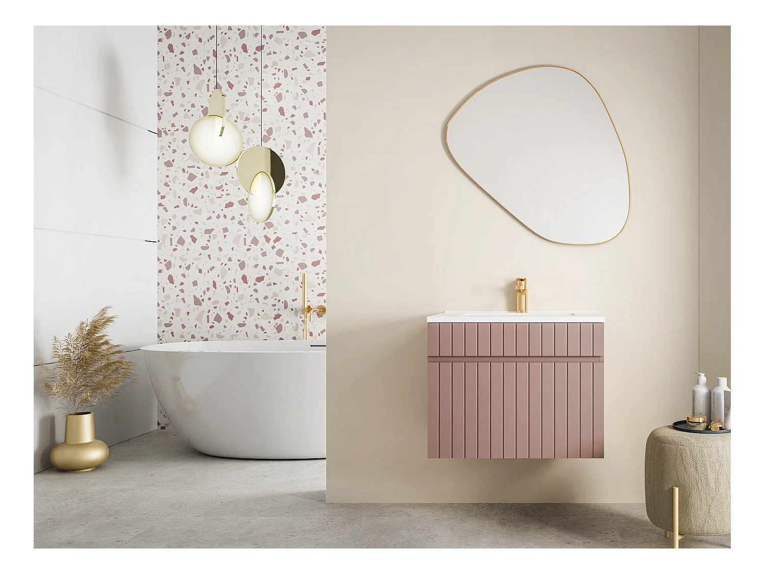 Meuble de salle de bain suspendu strié rose avec vasque à encastrer - 60 cm - SATARA