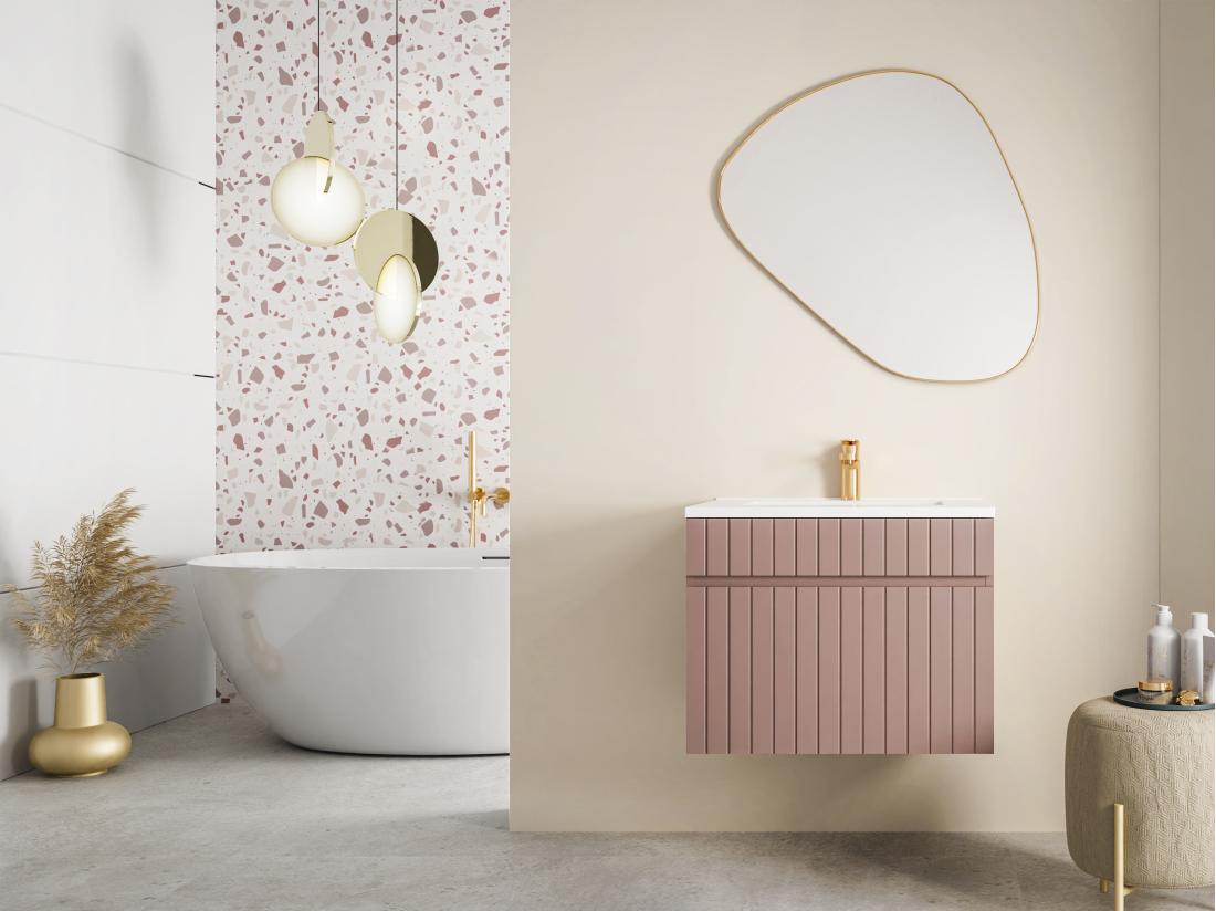 vente unique Meuble de salle de bain suspendu strié rose avec vasque à encastrer - 60 cm - SATARA