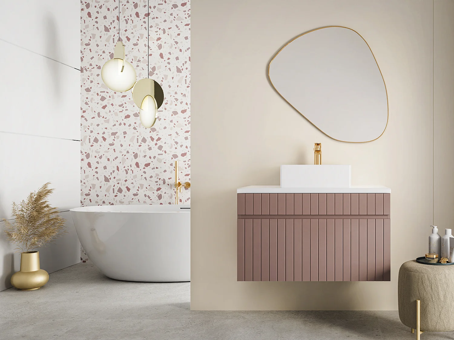 Meuble de salle de bain suspendu strié rose avec vasque à poser - 80 cm  - SATARA
